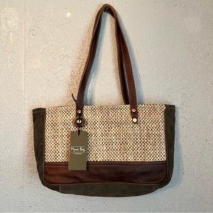 Myra Envy Small Shoulder Bag Leather and Corduroy Block Color Pattern NWT